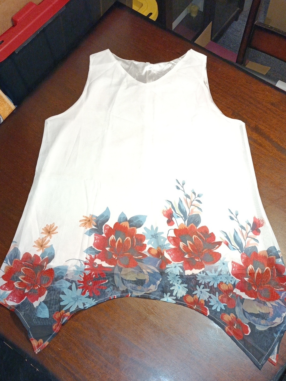 White Floral Sleeveless Tunic Top with Red & Blue Bloom Border